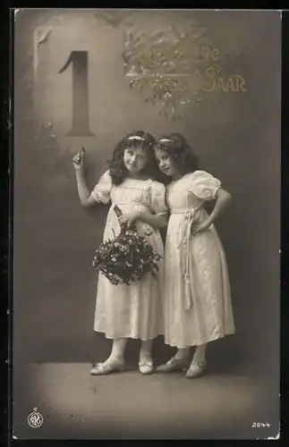 Foto-AK NPG Nr. 2644: Zwei Mädchen mit Zweigen vor Kalender, Neujahrsgruss