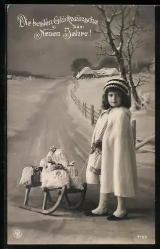 Foto-AK NPG Nr. 3753: Mädchen mit Geldsäcken auf Schlitten, Neujahrsgruss