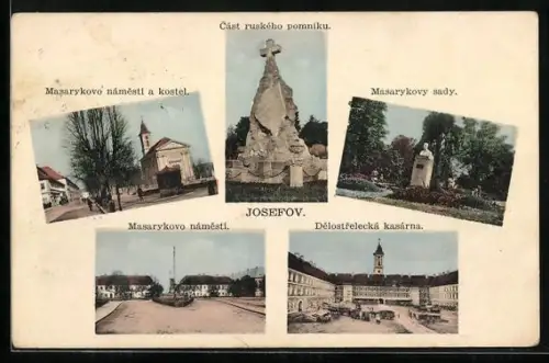 AK Josefov, Masarykovy sady, Cást ruského pomníku, Delostrelecká kasárna