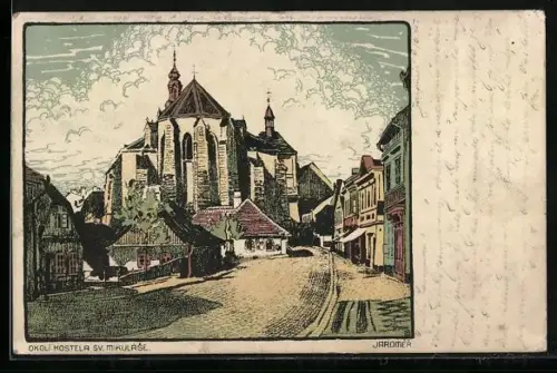 Künstler-AK Jaromer, Okolí Kostela Sv. Mikuláse