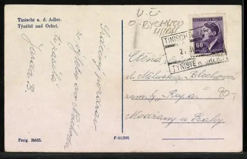 AK Tinischt a. d. Adler, Strassenpartie mit Denkmal