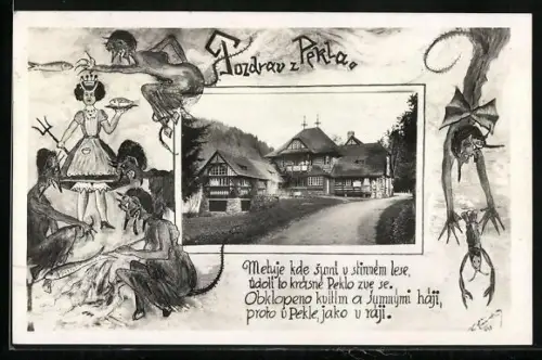 Künstler-AK Peklo, Strassenpartie, Teufel beim Zubereiten von Fisch