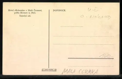 AK Mala Cermna, Hotel Bohemia v Malé Cermné posta Hronov n Met, Tenecní sál
