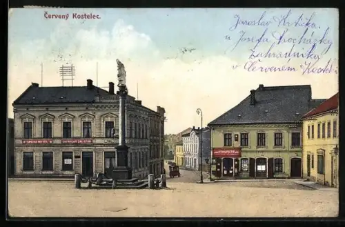 AK Cervený Kostelec, Strassenpartie mit Grand Hotel