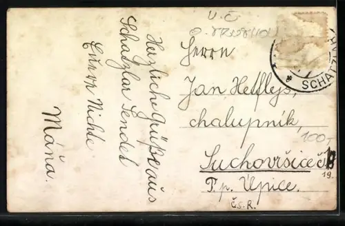 AK Zaclér, Strassenpartie mit Denkmal