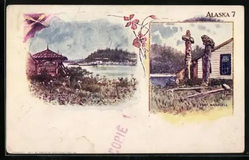 Lithographie Alaska, AK, Fort Wrangell, Totempfahl
