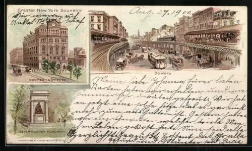 AK New York, NY, Cooper Institute, Bowery, Peter Cooper Momument