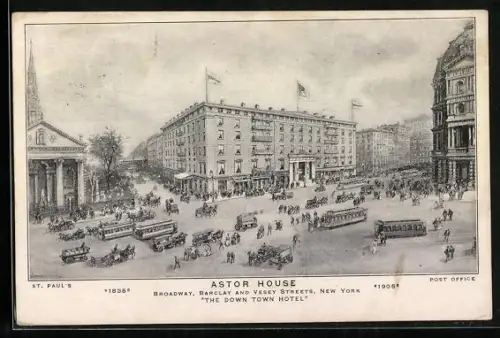 AK New York, NY, Astor House, The Down Town Hotel, St. Paul`s, Post Office