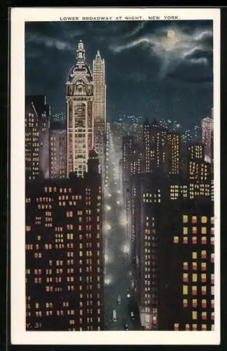 AK New York, NY, Lower Broadway at Night