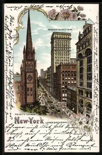 Lithographie New York, NY, Trinity Church, Lower Broadway, American Surety Bldg.