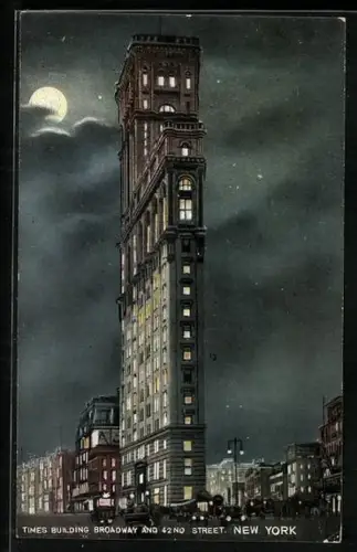 AK New York, NY, Times Building, Broadway and 42th Street, Night View, Moon