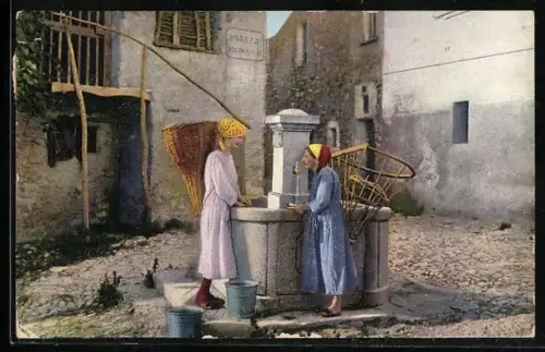 AK Zwei Tessiner Frauen mit Korb am Brunnen der Piazza Vicinaita
