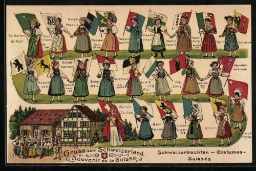 AK Schweizer Mädchen in Trachten mit Kantonsfahnen