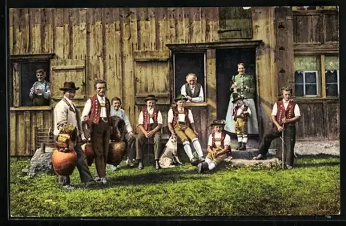AK Appenzeller Sennen mit Kuhglocken vor der Hütte