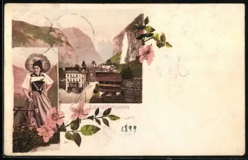 AK Lauterbrunnen, Ortsansicht, Frau in Tracht