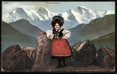 AK Bernermädchen in Tracht auf einem Berg