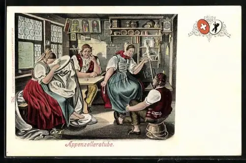 AK Appenzellerstube mit Spinnerin und Stickerin, Wappen