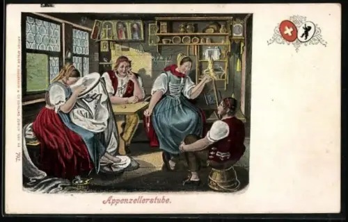 AK Appenzellerstube, Spinnerin und Stickerin, Wappen