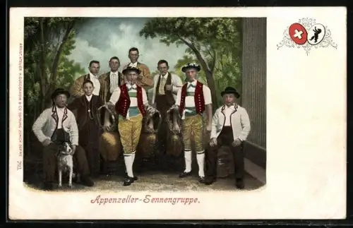 AK Appenzeller-Sennengruppe in Tracht mit Hund