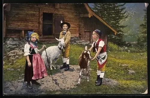 AK Drei Kinder in Appenzeller-Trachten mit Ziegen