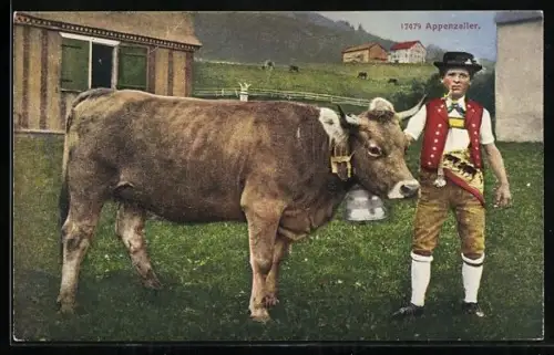 AK Junge in Appenzeller Tracht mit einer Kuh