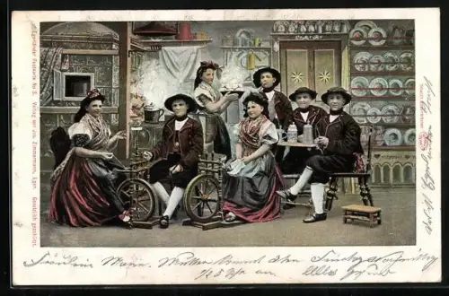 AK Arbeiter in tschechischen Trachten an Spinnrädern