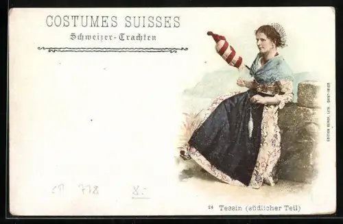 AK Tessin, Südlicher Teil, Trachtenmädchen mit Garnspindel