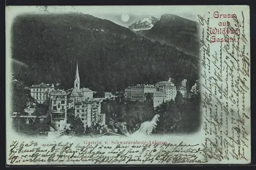 Mondschein-AK Gastein, Ortsansicht v. Schwarzenberg-Anlagen