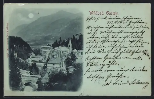 Mondschein-AK Gastein, Totalansicht aus der Vogelschau