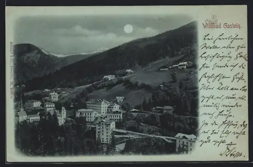 Mondschein-AK Gastein, Teilansicht aus der Vogelschau