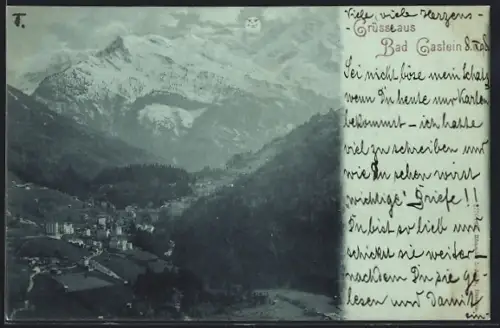 Mondschein-AK Gastein, Gesamtansicht mit Bergblick aus der Vogelschau