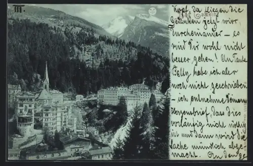 Mondschein-AK Gastein, Ortsansicht mit Kirchturm