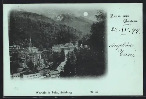 Mondschein-AK Gastein, Totalansicht mit Bergen aus der Vogelschau