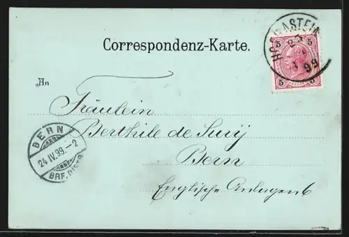 Mondschein-AK Gastein, Totalansicht mit Bergen aus der Vogelschau