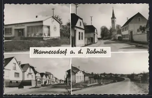 AK Mannersdorf a. d. Rabnitz, Raiffeisenkasse, Strassenpartie mit Kirche