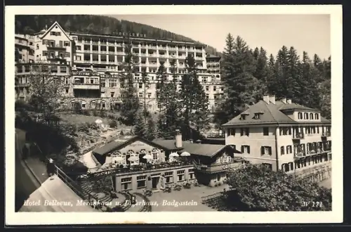 AK Badgastein, Teilansicht mit Hotel Bellevue, Meranhaus und Jägerhaus