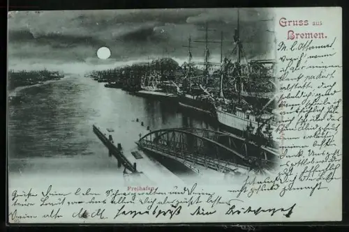 Mondschein-AK Bremen, Freihafen im Mondlicht