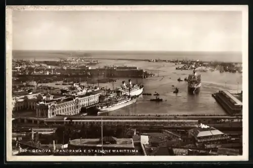 AK Genova, Panorama e Satzione Marittima, Dampfer bei der Hafeneinfahrt
