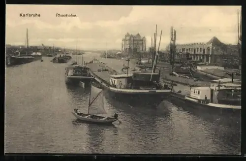 AK Karlsruhe, Rheinhafen mit Booten