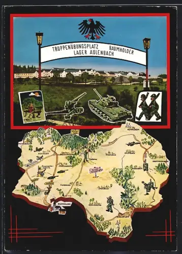 AK Baumholder, Truppenübungsplatz, Lager Aulenbach, Panzer, Soldaten, Übersichtskarte, Panorama