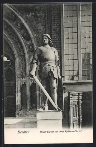 AK Bremen, Ritter-Statue vor dem Rathaus-Portal