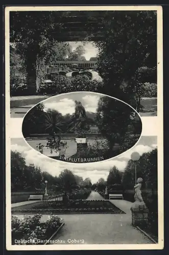 Präge-AK Coburg, Sintflutbrunnen, Gartenschau, Parkansichten