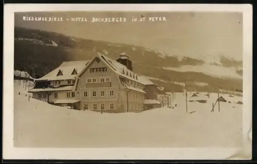 AK St. Peter /Riesengebirge, Hotel Buchberger im Schnee