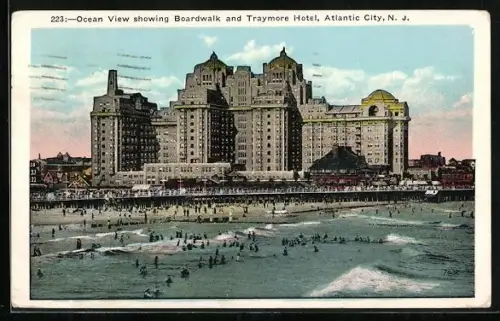 AK Atlantic City, NJ, Ocean View showing Boardwalk and Traymore Hotel