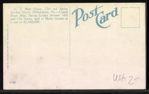 AK Philadelphia, PA, U. S. Mint House, 17th and Spring Garden Streets