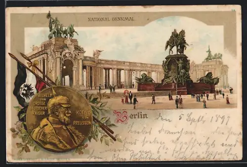 Lithographie Berlin, Nationaldenkmal, Reiterstandbild