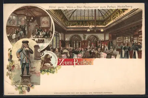 Lithographie Heidelberg, Hotel zum Perkeo, Innenansicht, Statue