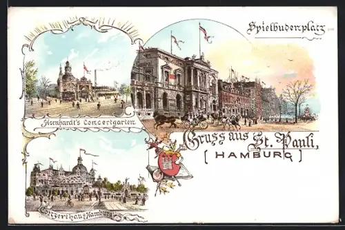 Lithographie Hamburg-St. Pauli, Spielbudenplatz, Hornhardt`s Concertgarten
