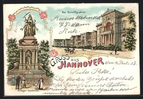 Lithographie Hannover, Krieger-Denkmal, Am Schiffgraben