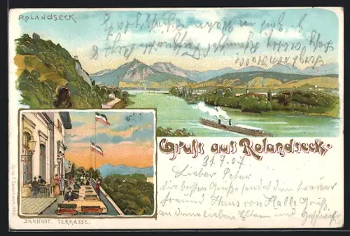 Lithographie Rolandseck, Rheinpanorama, Bahnhof, Terrasse